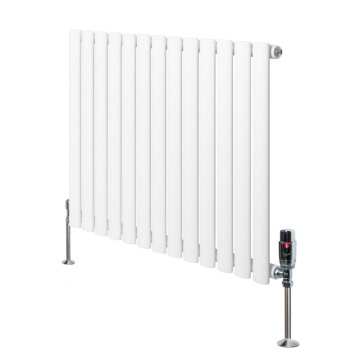 Sleek white oval single column radiator with vertical slats and modern valves, measuring 600mm x 780mm, ideal for stylish heating