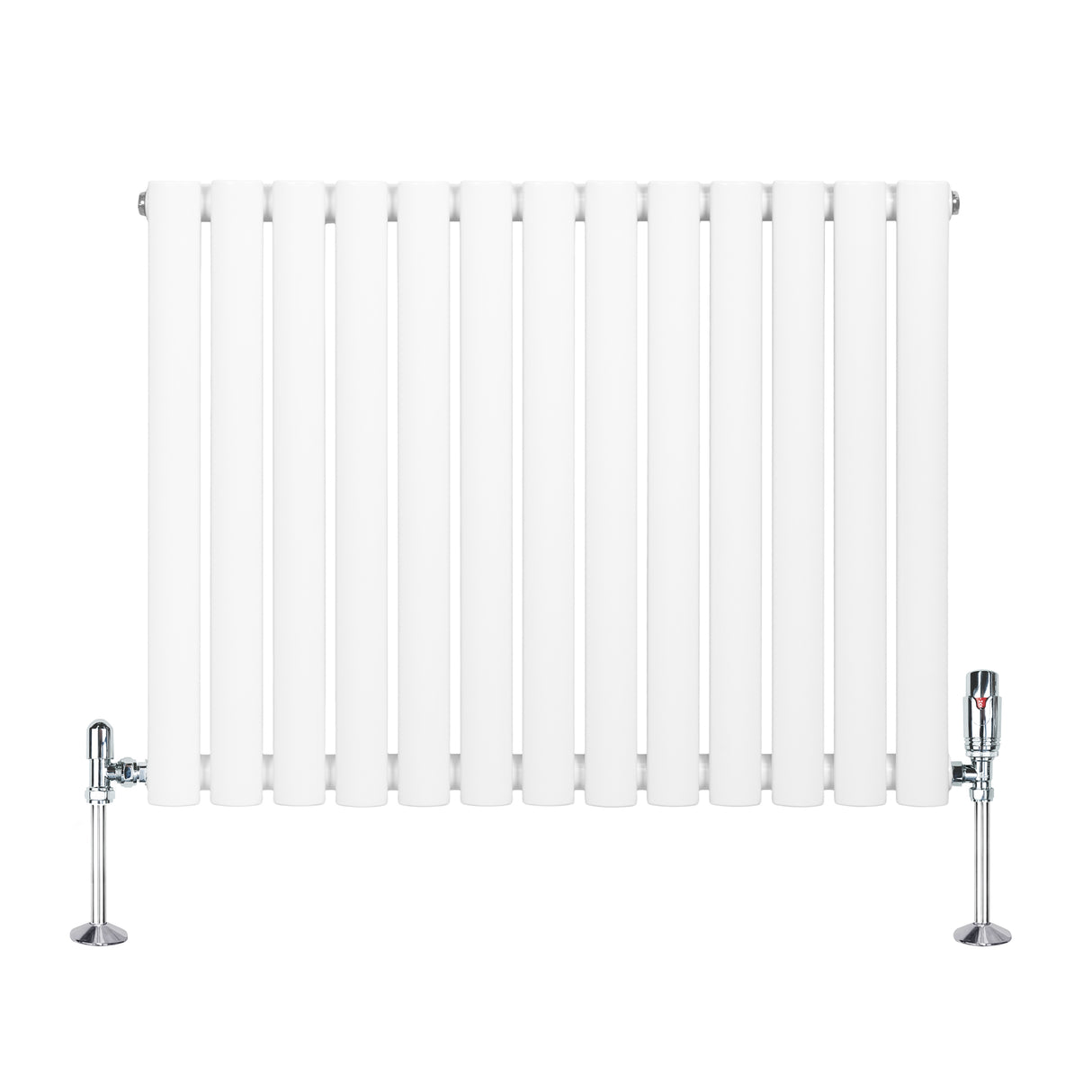Sleek white oval single column radiator with chrome valves, measuring 600mm x 780mm, featuring smooth, modern lines and a polished finish