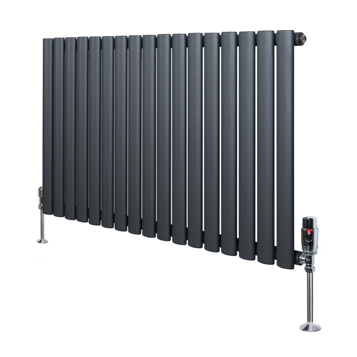 Oval single column radiator in anthracite grey, featuring sleek vertical tubes and polished valves, ideal for modern interiors