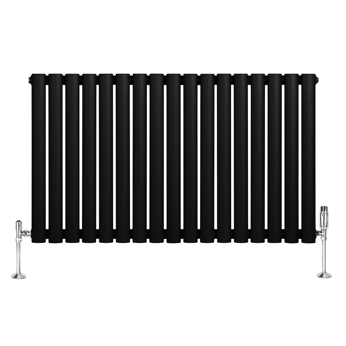 Sleek black oval single column radiator with polished chrome valves, measuring 600mm x 1020mm, featuring a modern design and smooth finish