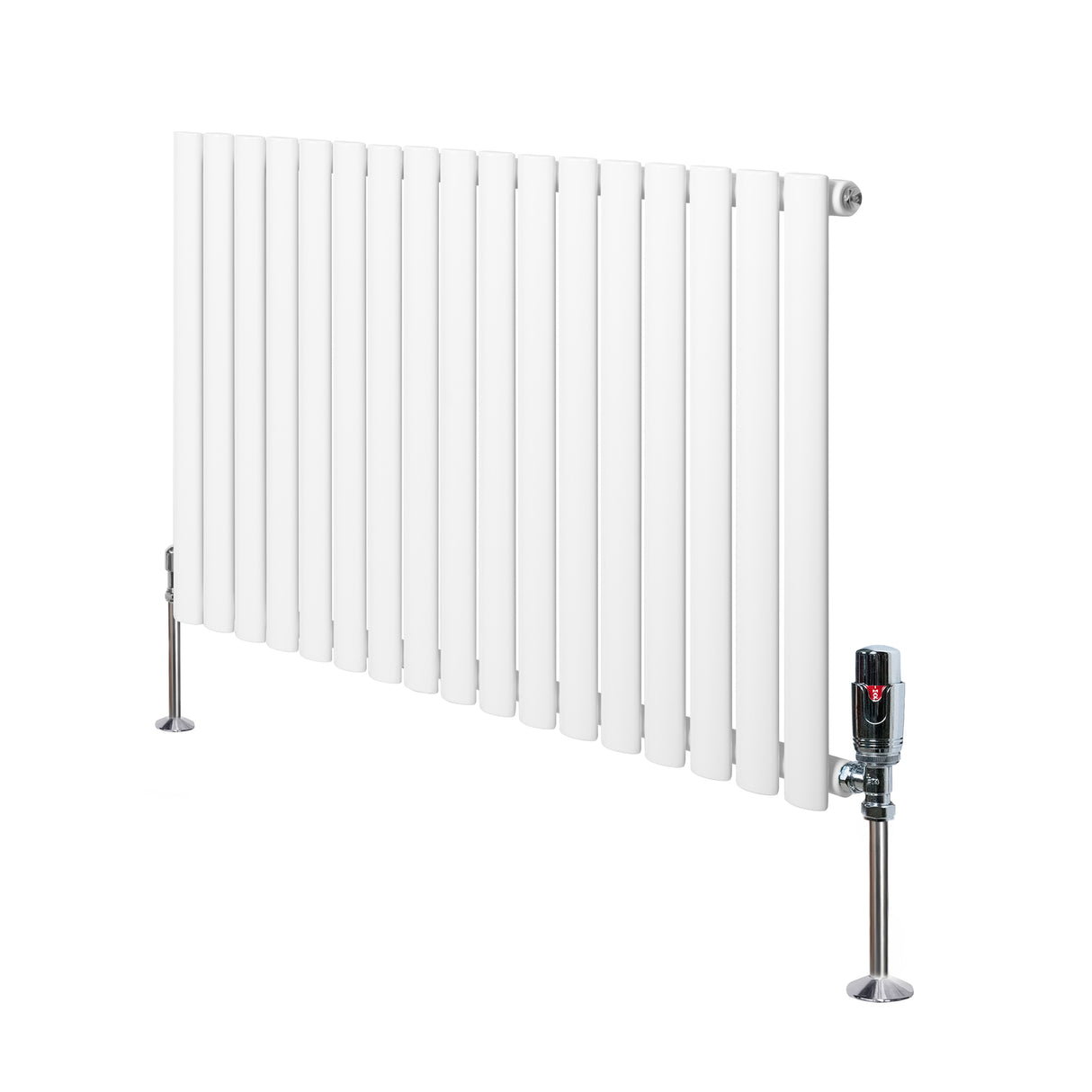 Sleek white oval single column radiator with polished chrome valves, measuring 600mm x 1020mm, featuring smooth vertical fins