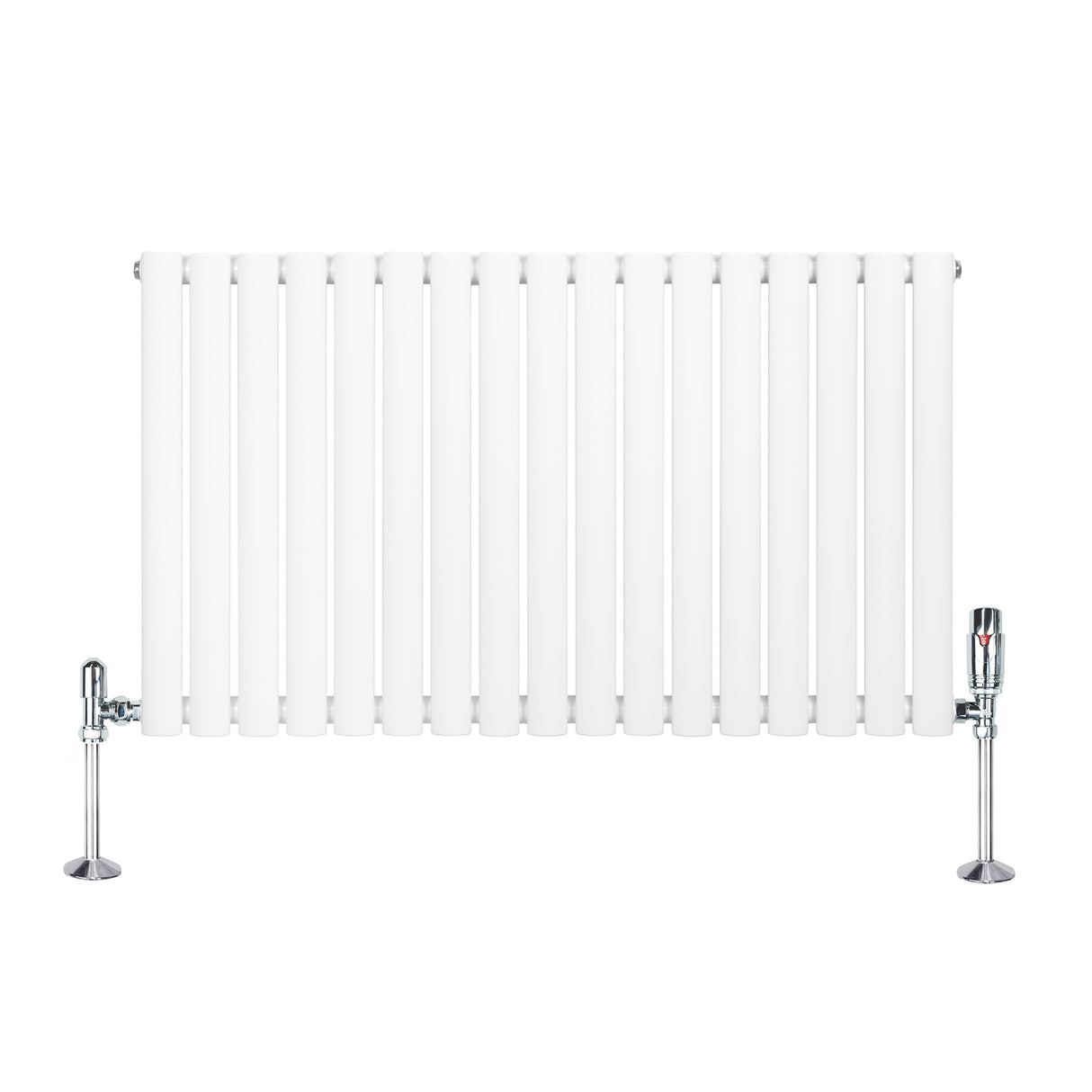 Sleek white oval single column radiator with chrome valves, featuring smooth, rounded edges and a modern design, ideal for heating spaces