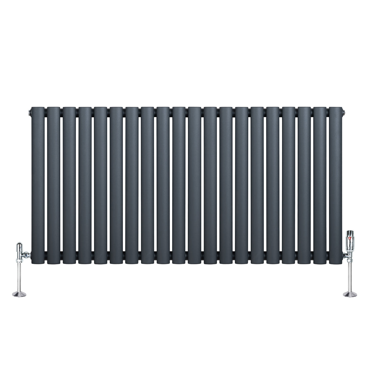 Oval single column radiator in anthracite grey, featuring sleek vertical bars and polished chrome valves, ideal for modern interiors