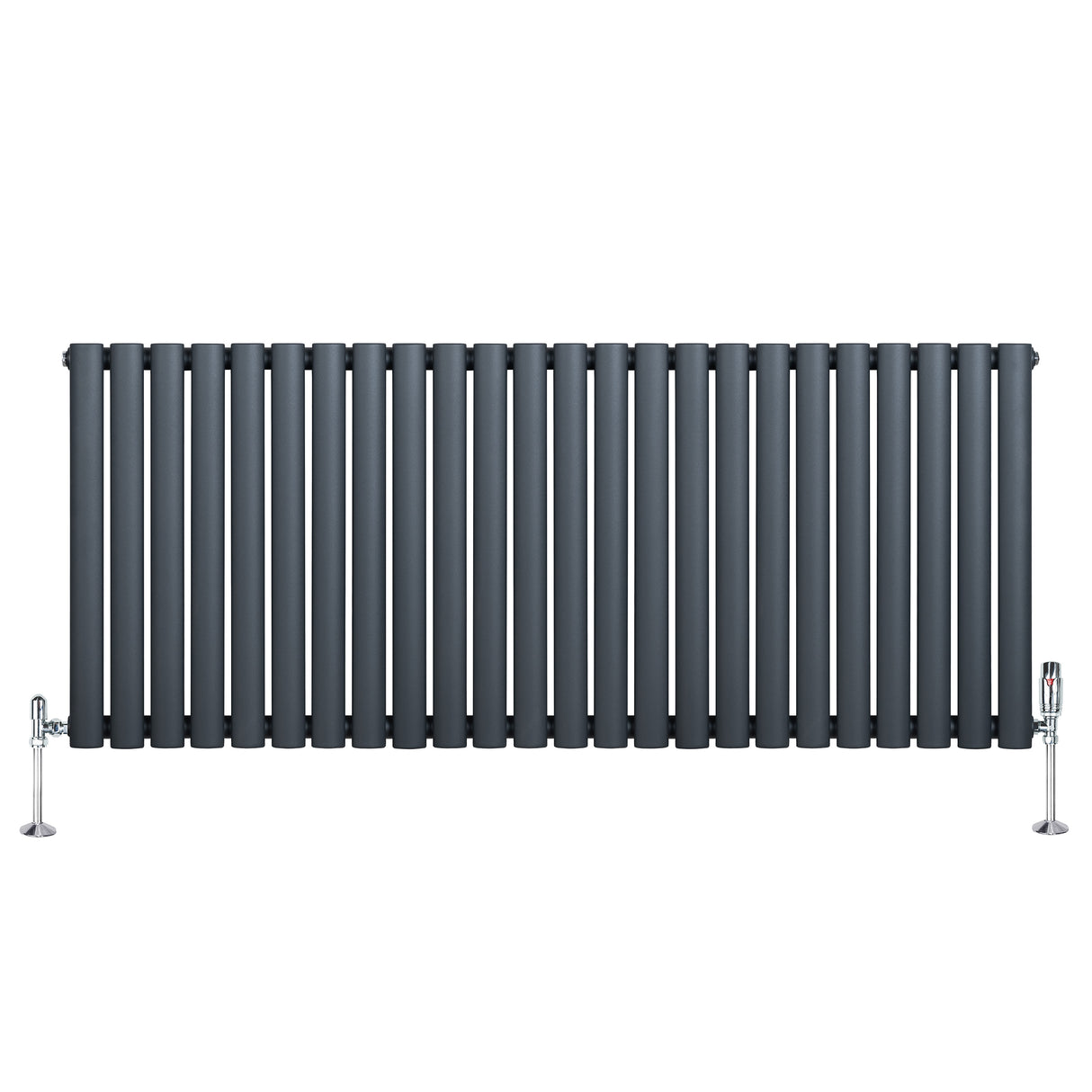Anthracite grey oval single column radiator with sleek vertical bars, featuring chrome valves for a modern heating solution