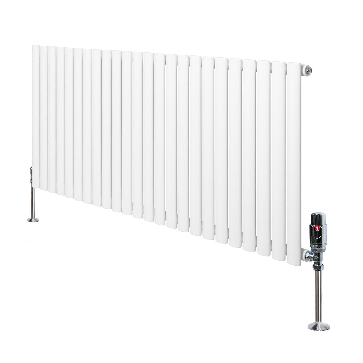 Sleek white oval single column radiator with vertical fins, featuring polished valves and sturdy floor supports, ideal for modern spaces
