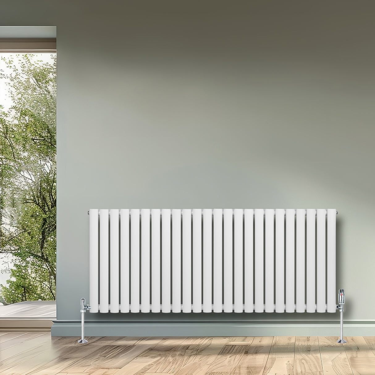 Sleek white oval single column radiator with vertical bars, mounted on a light gray wall, enhancing modern interior decor