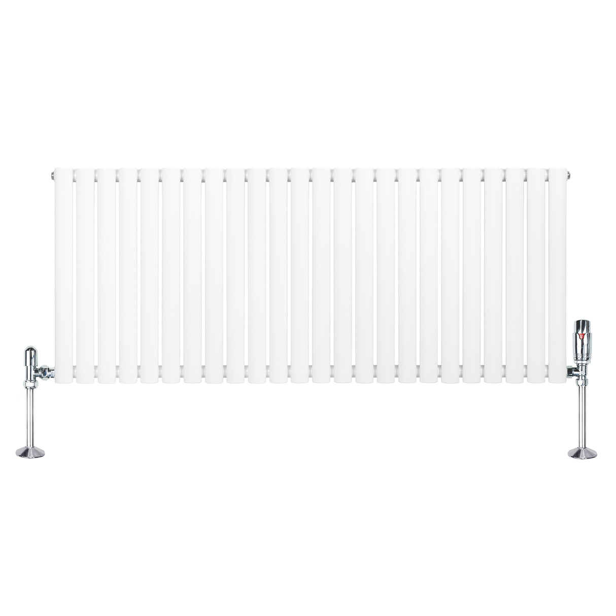 Sleek white oval single column radiator with chrome valves, measuring 600mm x 1440mm, featuring smooth, modern lines and a polished finish