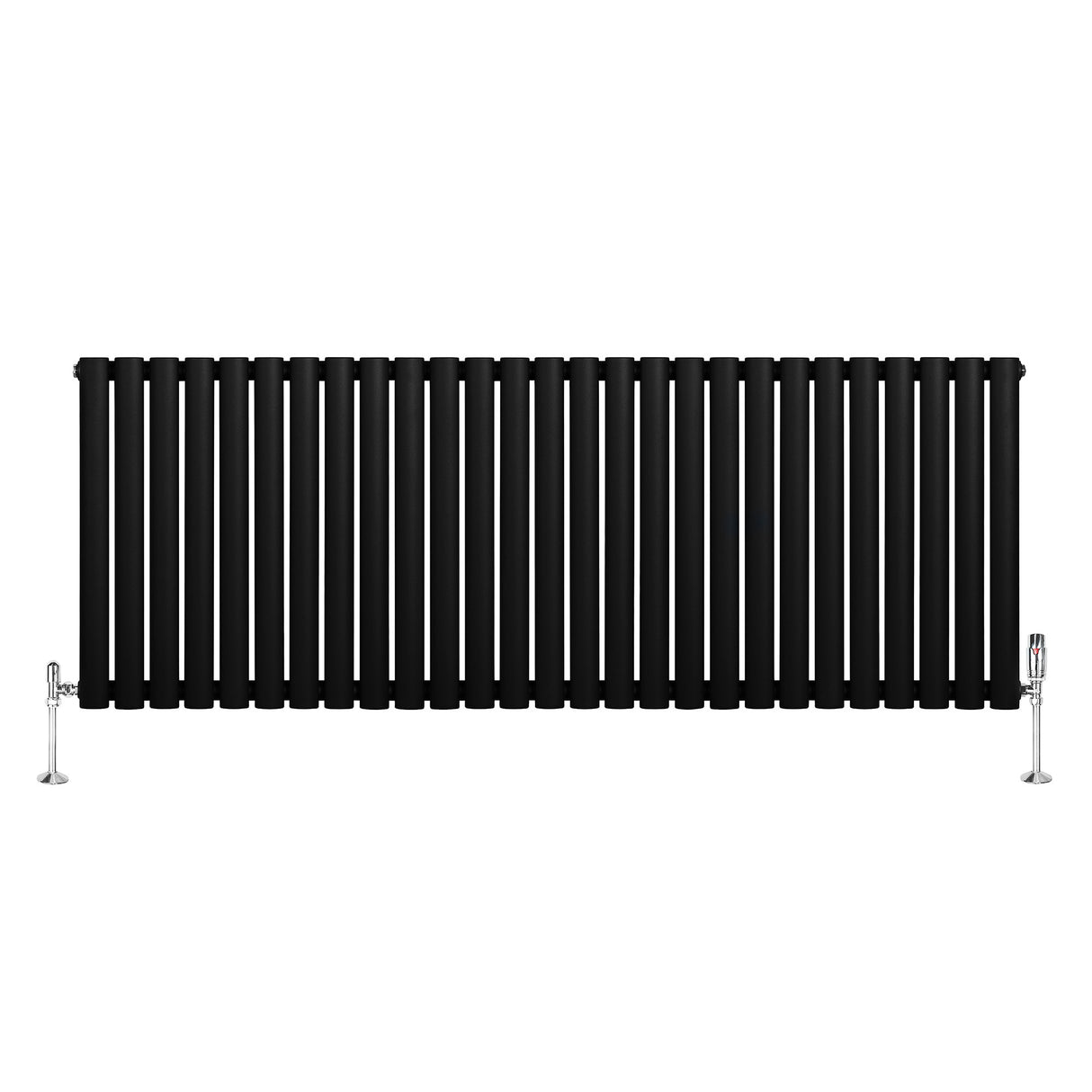 Sleek black oval single column radiator with chrome valves, measuring 600mm x 1620mm, featuring a modern design and smooth finish