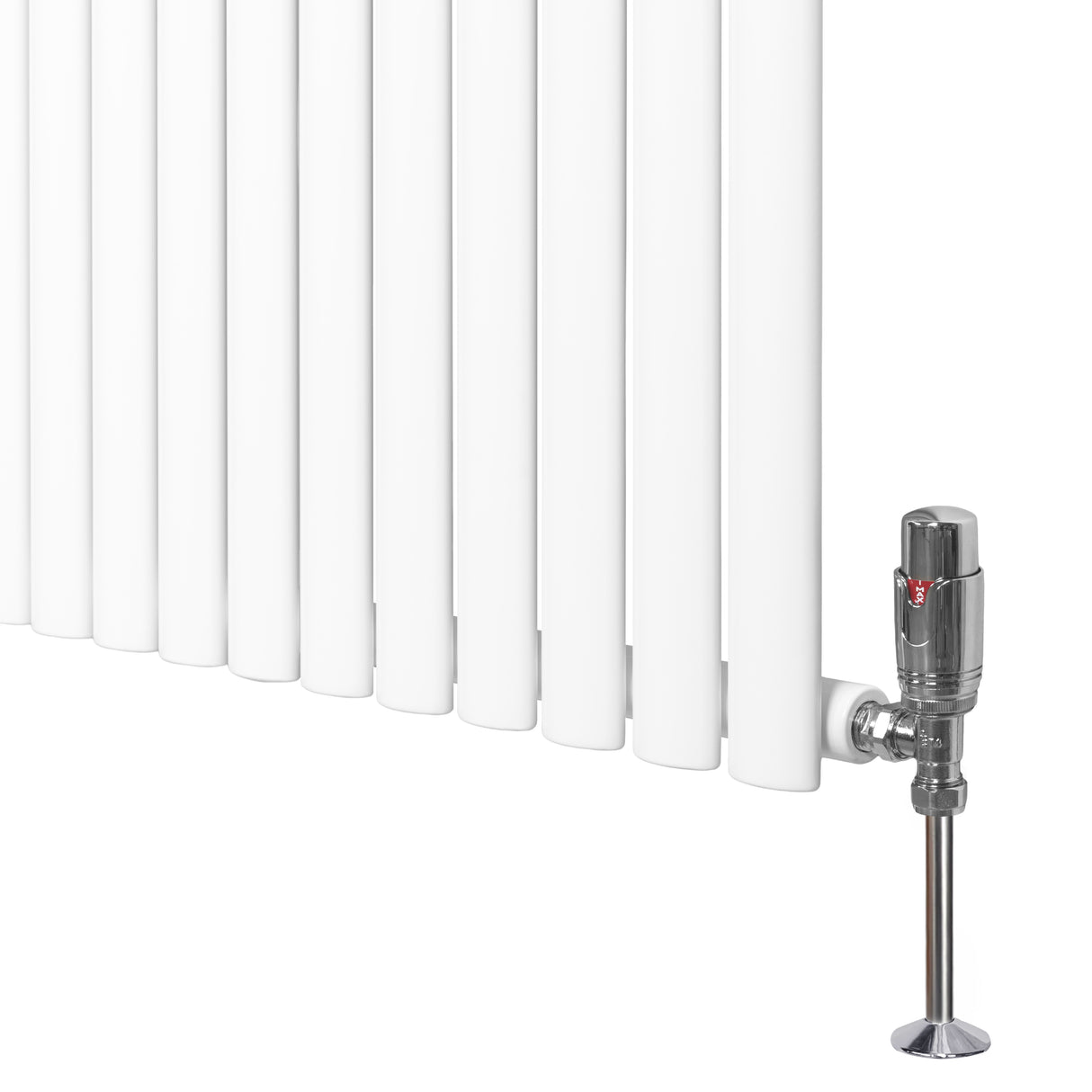 Sleek white oval single column radiator with smooth vertical fins and chrome valve, measuring 1600mm x 240mm, ideal for modern spaces