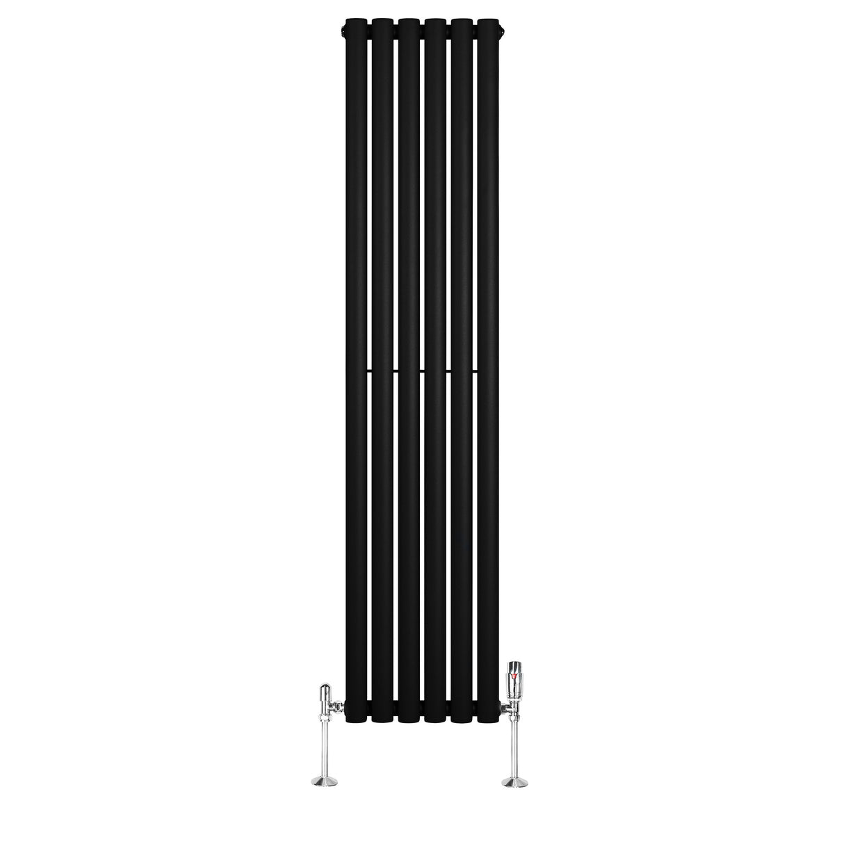 Sleek black oval single column radiator with six vertical panels and chrome valves, measuring 1600mm x 360mm, ideal for modern spaces