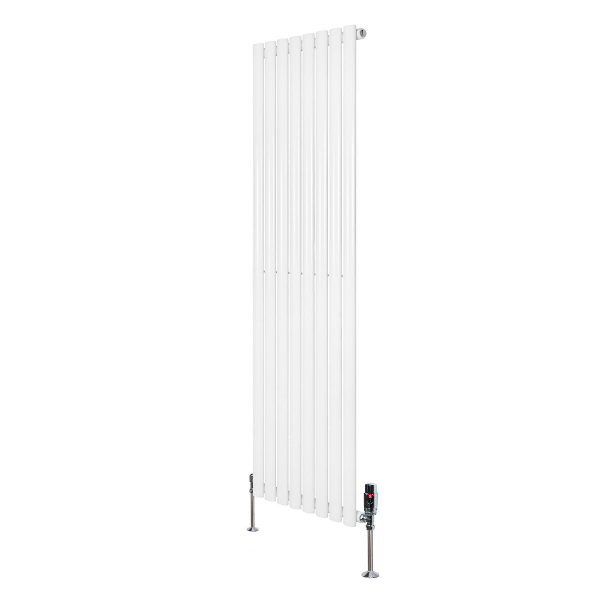 Sleek white oval single column radiator with a modern design, measuring 1600mm x 480mm, featuring stylish valves at the base