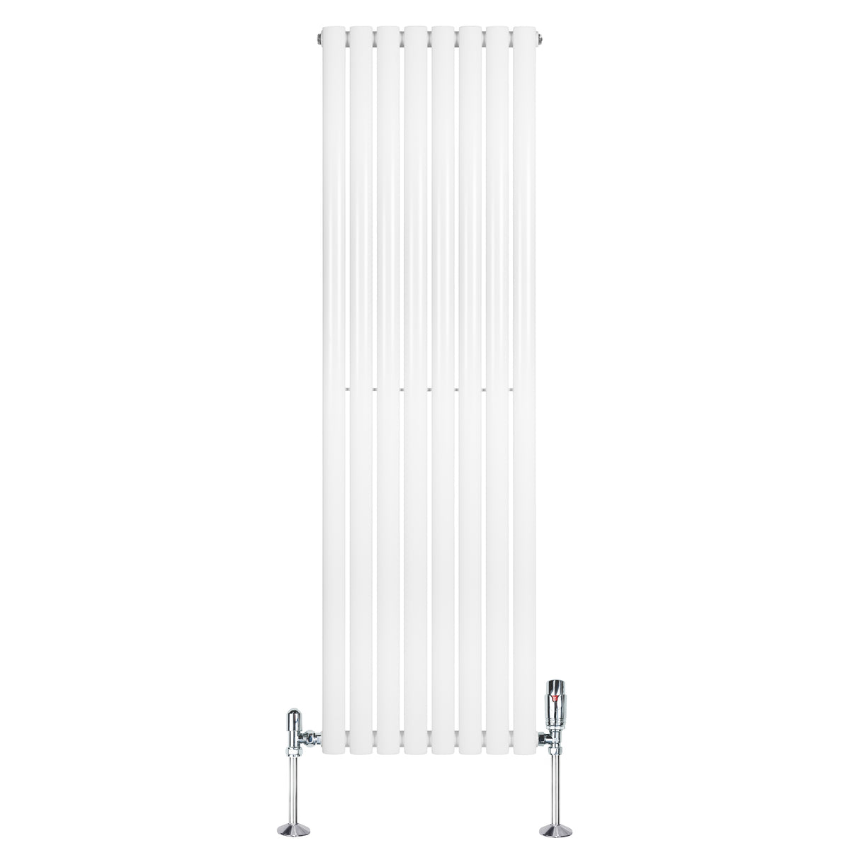 Sleek white oval single column radiator with vertical bars, featuring chrome valves, ideal for modern heating solutions
