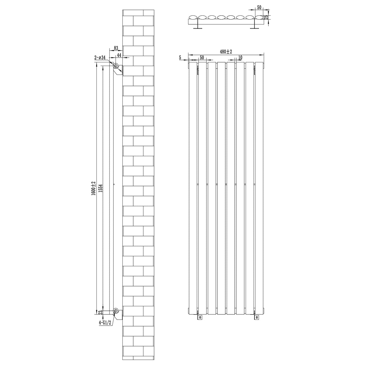 Sleek white oval single column radiator with dimensions 1600mm x 480mm, featuring smooth lines and modern valve design