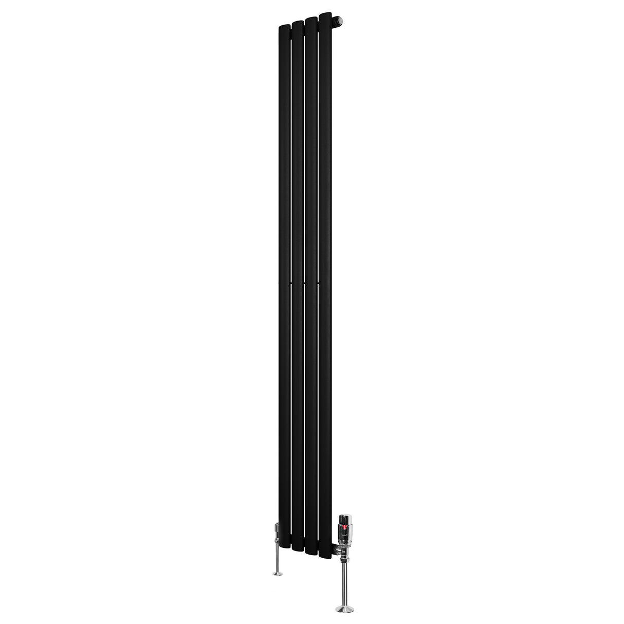 Sleek black oval single column radiator with a modern design, measuring 1800mm x 240mm, featuring stylish valves at the base