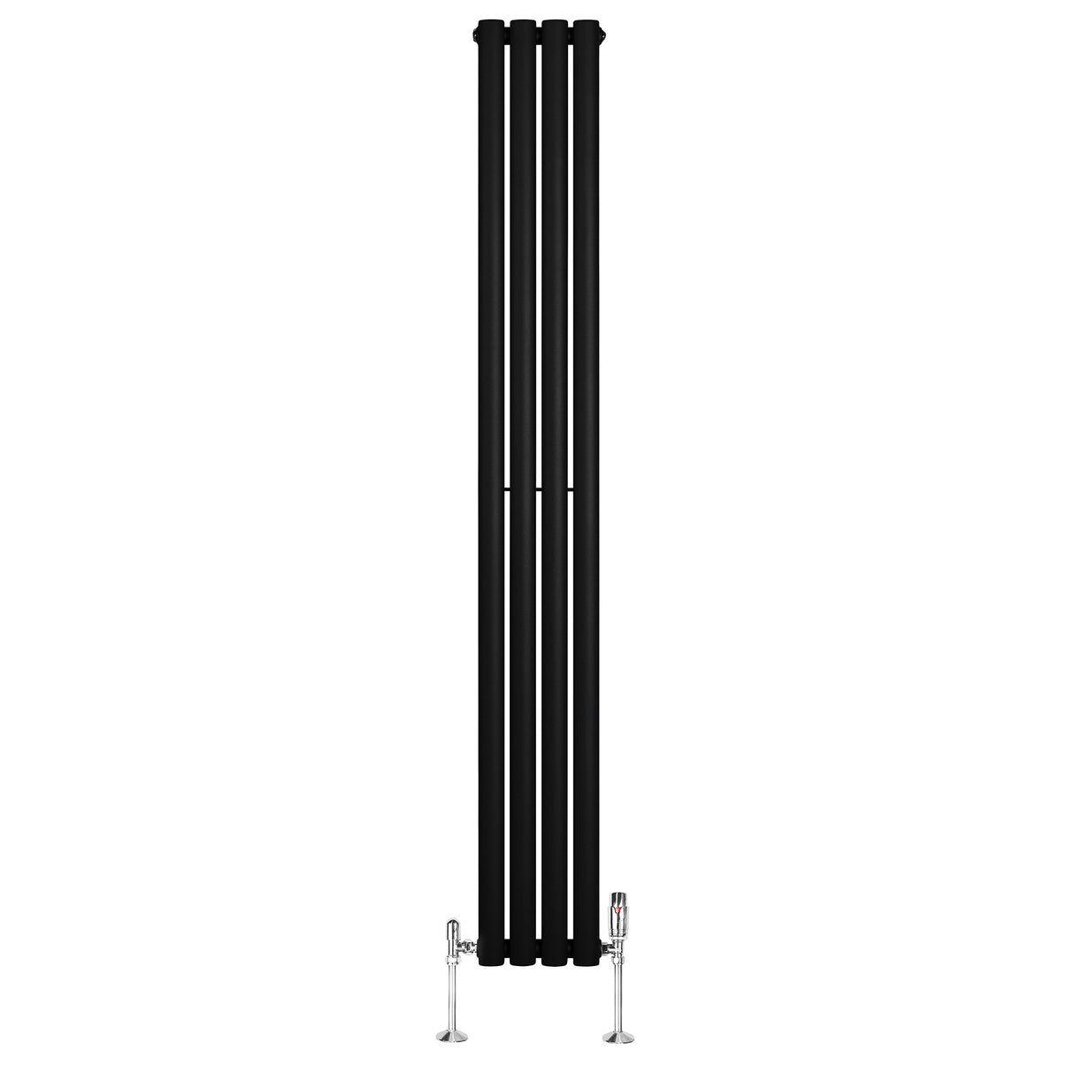 Sleek black oval single column radiator, 1800mm x 240mm, featuring smooth vertical lines and modern chrome valves at the base