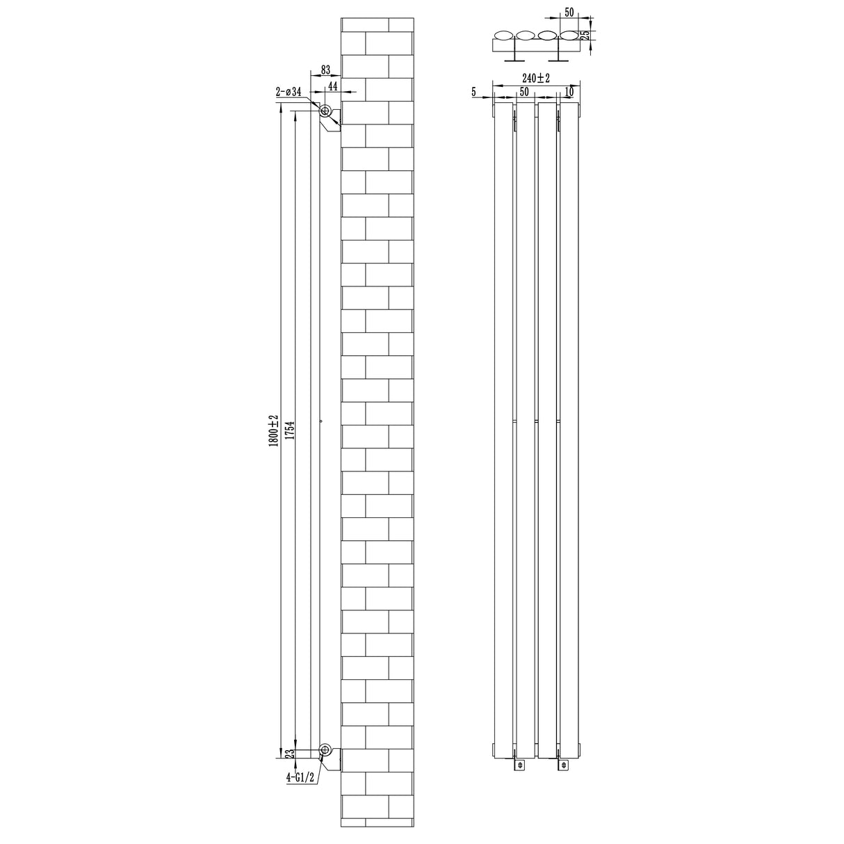 Sleek black oval single column radiator with dimensions 1800mm x 240mm, featuring smooth lines and modern valve design