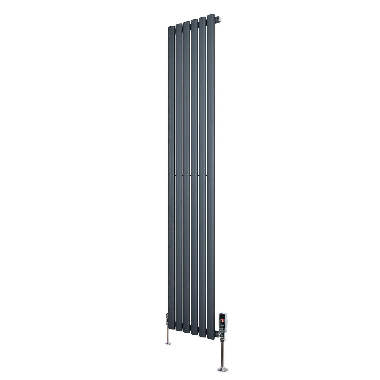 Sleek anthracite grey oval single column radiator with vertical slats, featuring polished valves and a modern design, 1800mm x 360mm