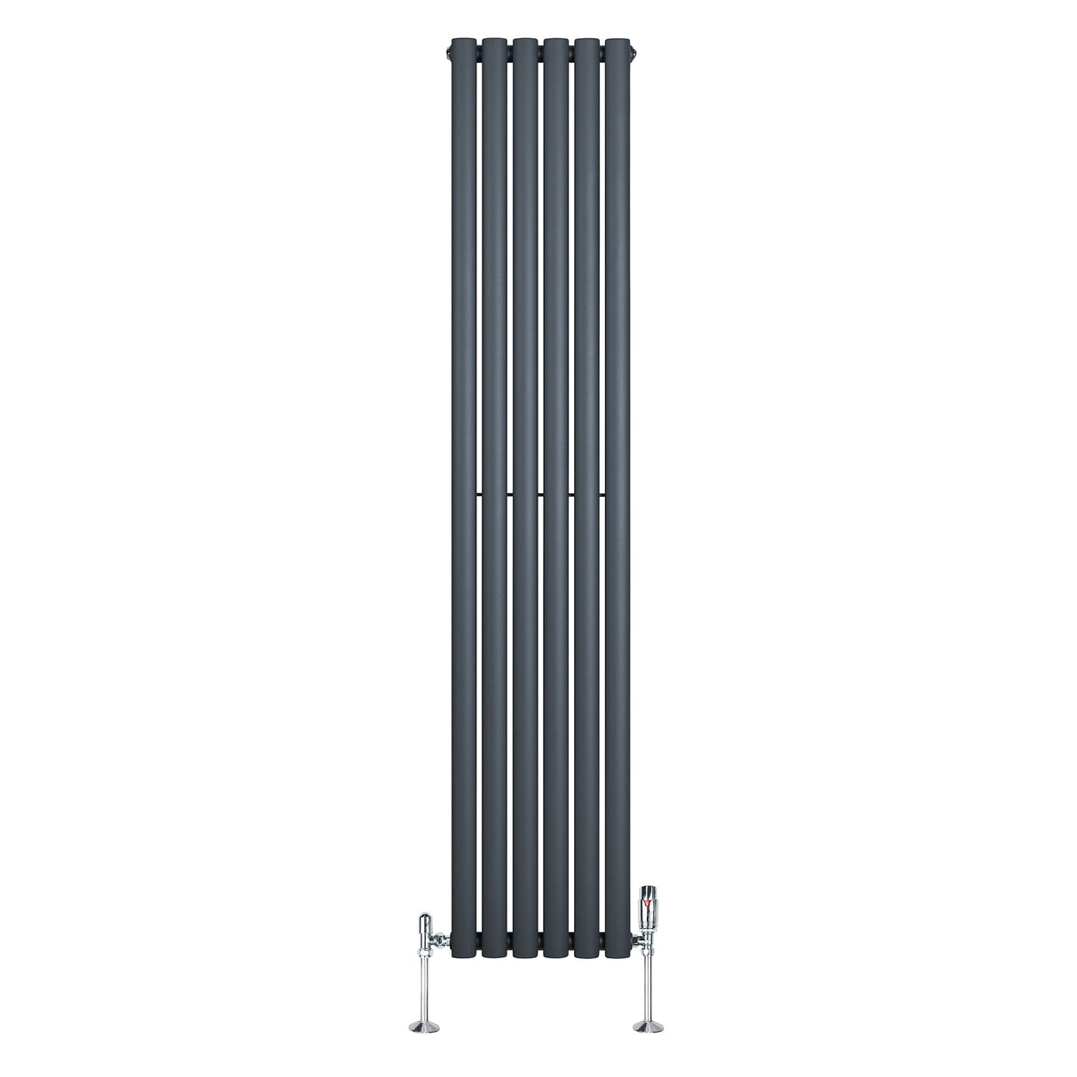 Sleek anthracite grey oval single column radiator, 1800mm x 360mm, featuring vertical lines and stylish valves for modern interiors
