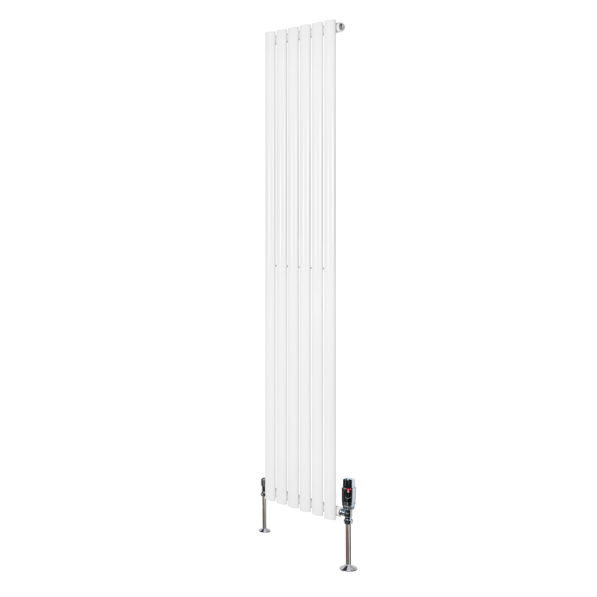 Sleek white oval single column radiator with vertical fins and valves, measuring 1800mm x 360mm, ideal for modern interiors
