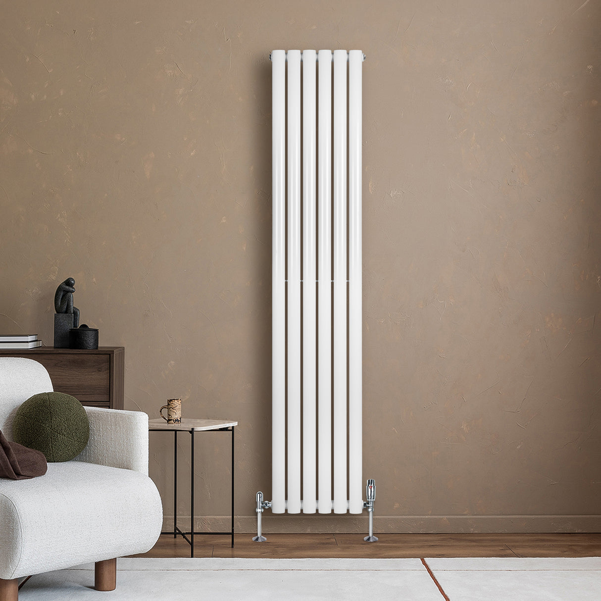 Sleek white oval single column radiator stands vertically against a textured brown wall, enhancing modern interior decor