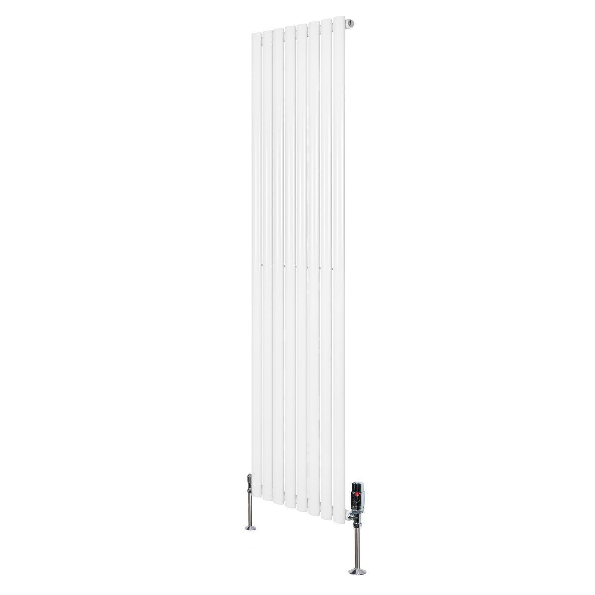 Sleek white oval single column radiator with vertical fins, measuring 1800mm x 480mm, complemented by modern valves at the base