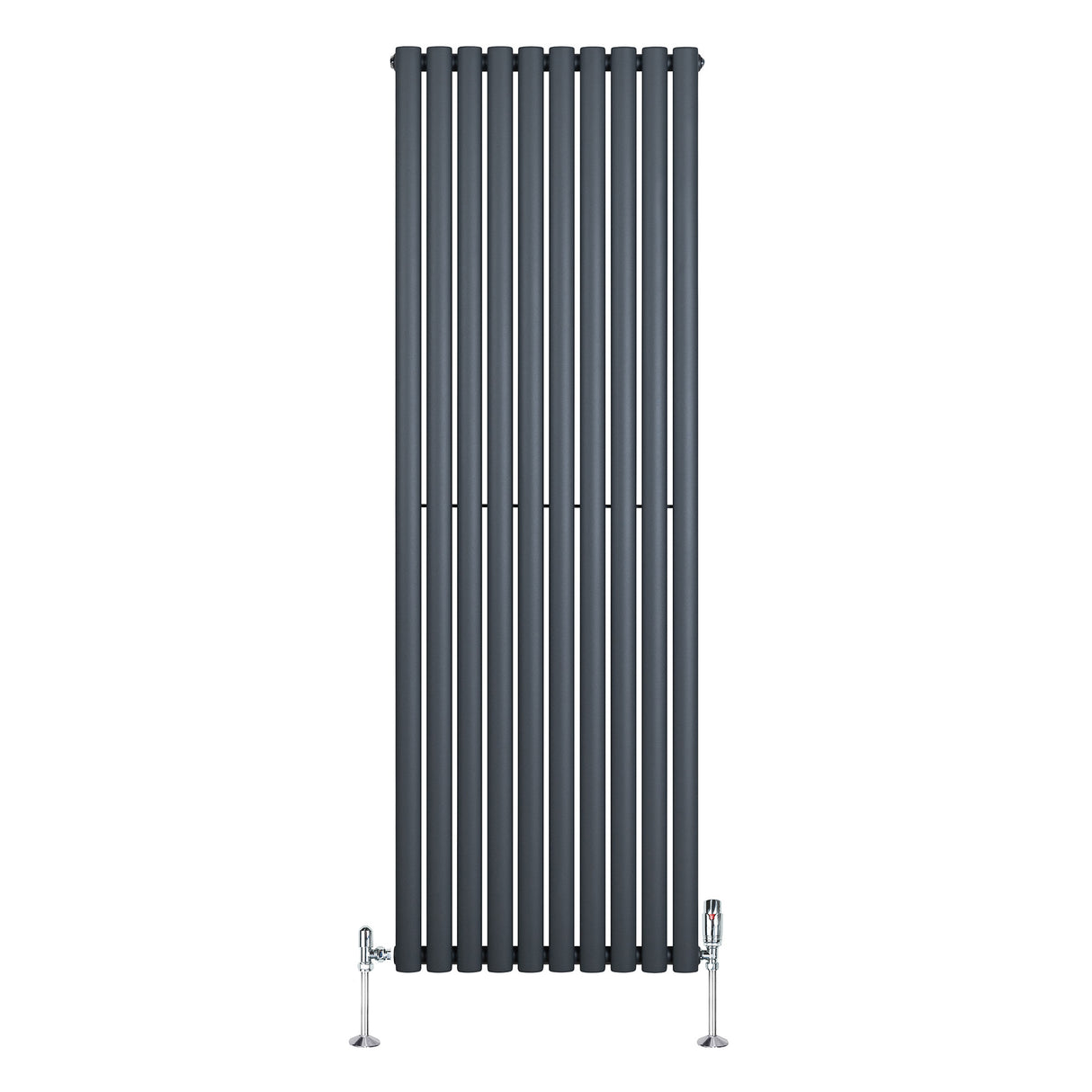 Sleek anthracite grey oval single column radiator, 1800mm x 600mm, featuring vertical bars and stylish valves for modern interiors