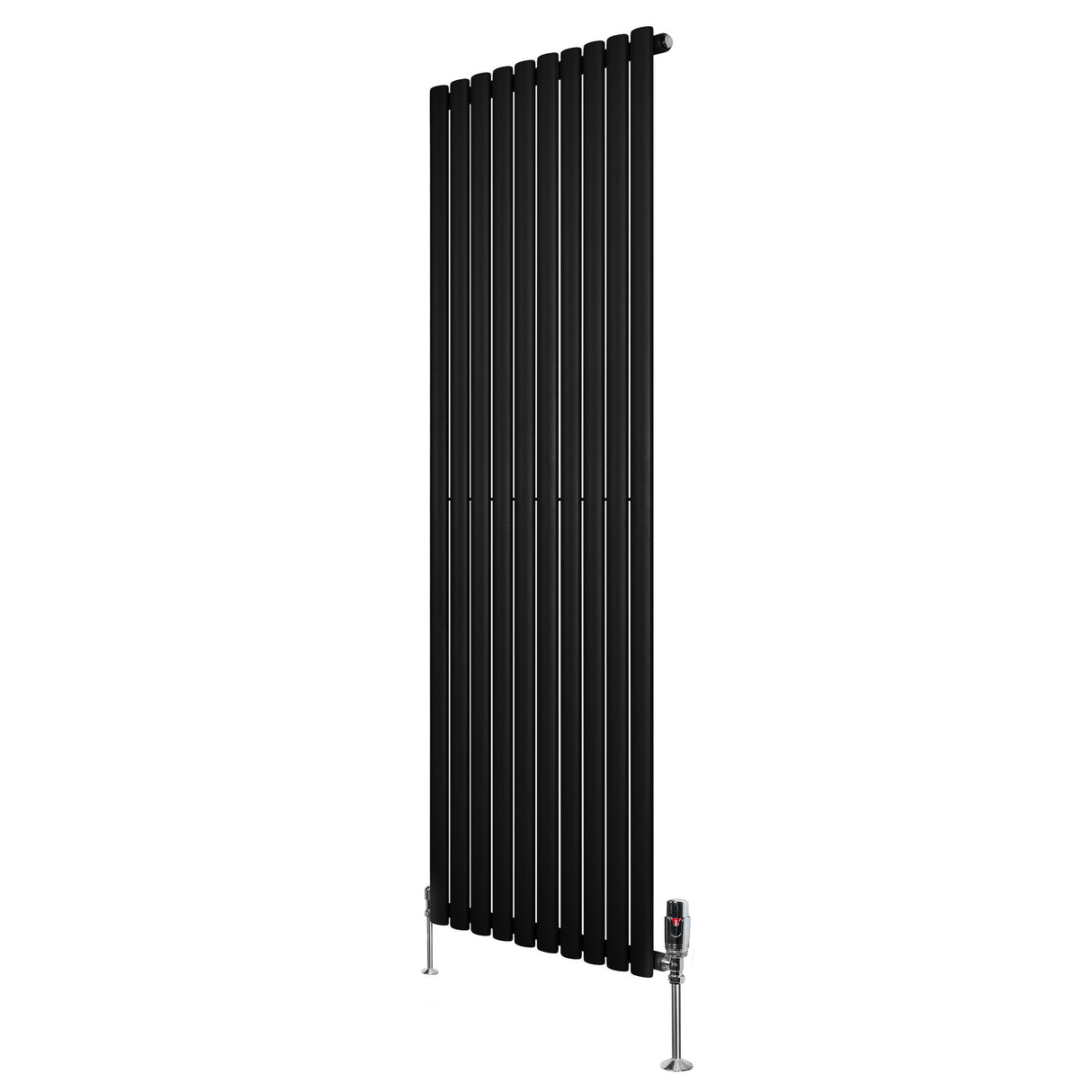 Sleek black oval single column radiator with vertical slats, measuring 1800mm x 600mm, featuring modern valves for efficient heating