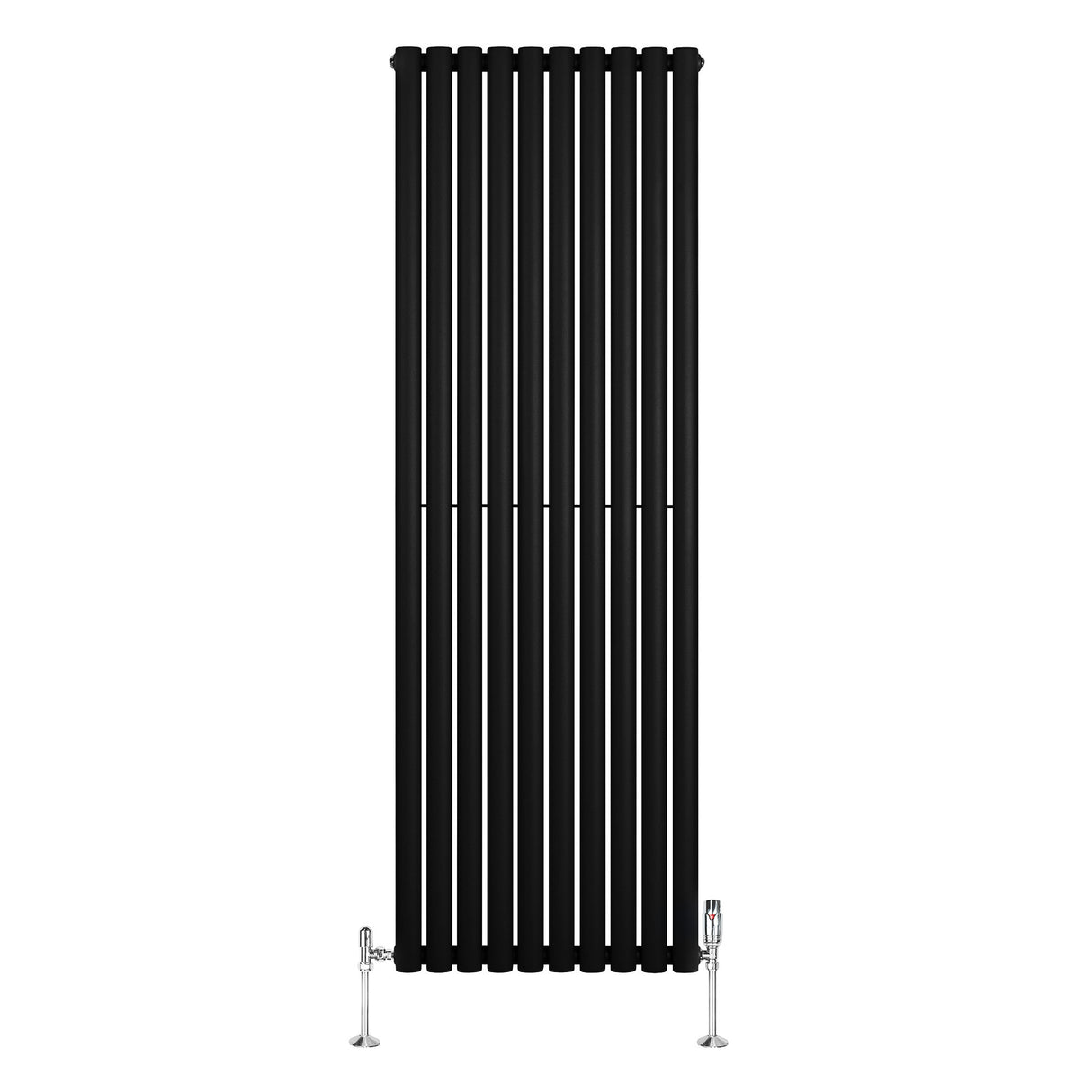 Sleek black oval single column radiator, 1800mm x 600mm, featuring vertical bars and elegant valves for modern heating solutions