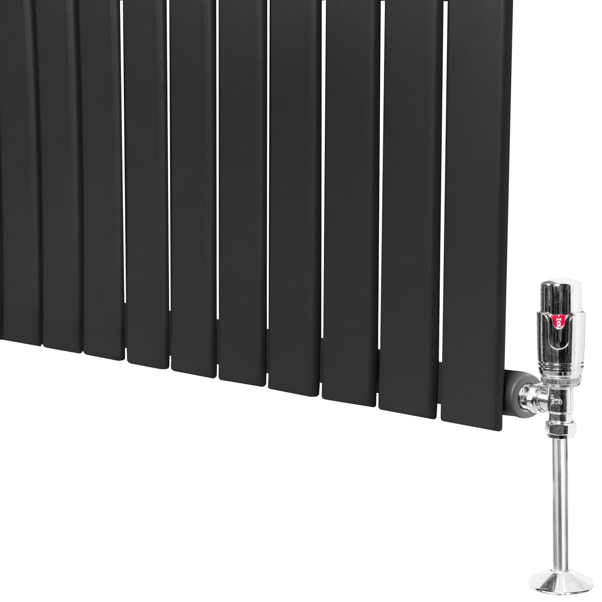 Flat single column radiator in anthracite grey, featuring sleek vertical panels and a polished valve for modern heating solutions