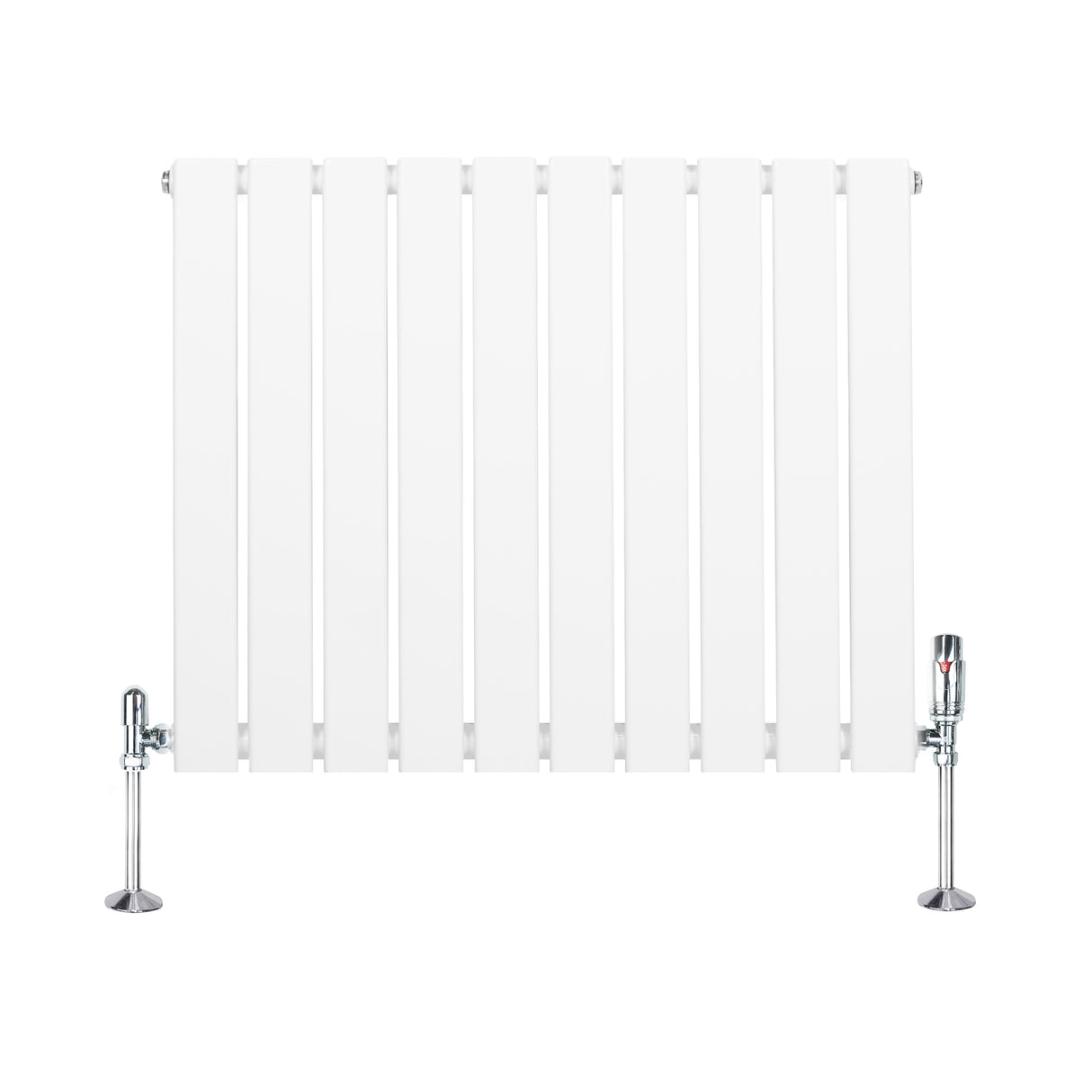 Sleek white flat single column radiator with vertical slats and chrome valves, measuring 600mm x 700mm, ideal for modern spaces