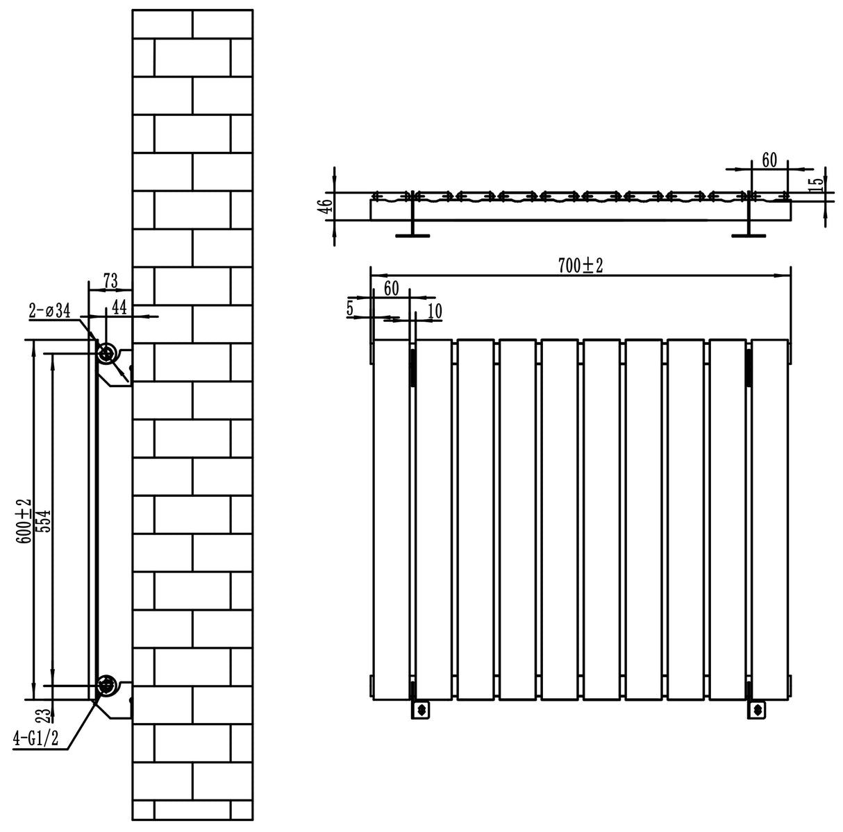 Flat single column radiator design with dimensions 600mm x 700mm, featuring a sleek white finish and simple, modern lines