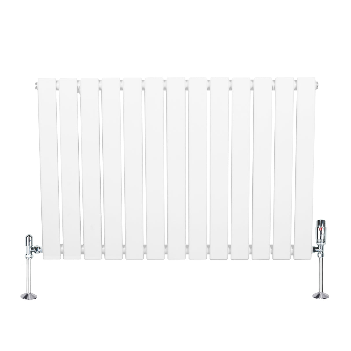 Flat white single column radiator with sleek vertical bars and chrome valves, designed for efficient heating in modern spaces