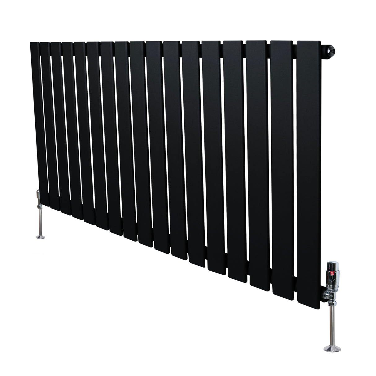 Sleek black flat single column radiator with vertical slats and chrome valves, measuring 600mm x 1190mm, ideal for modern interiors