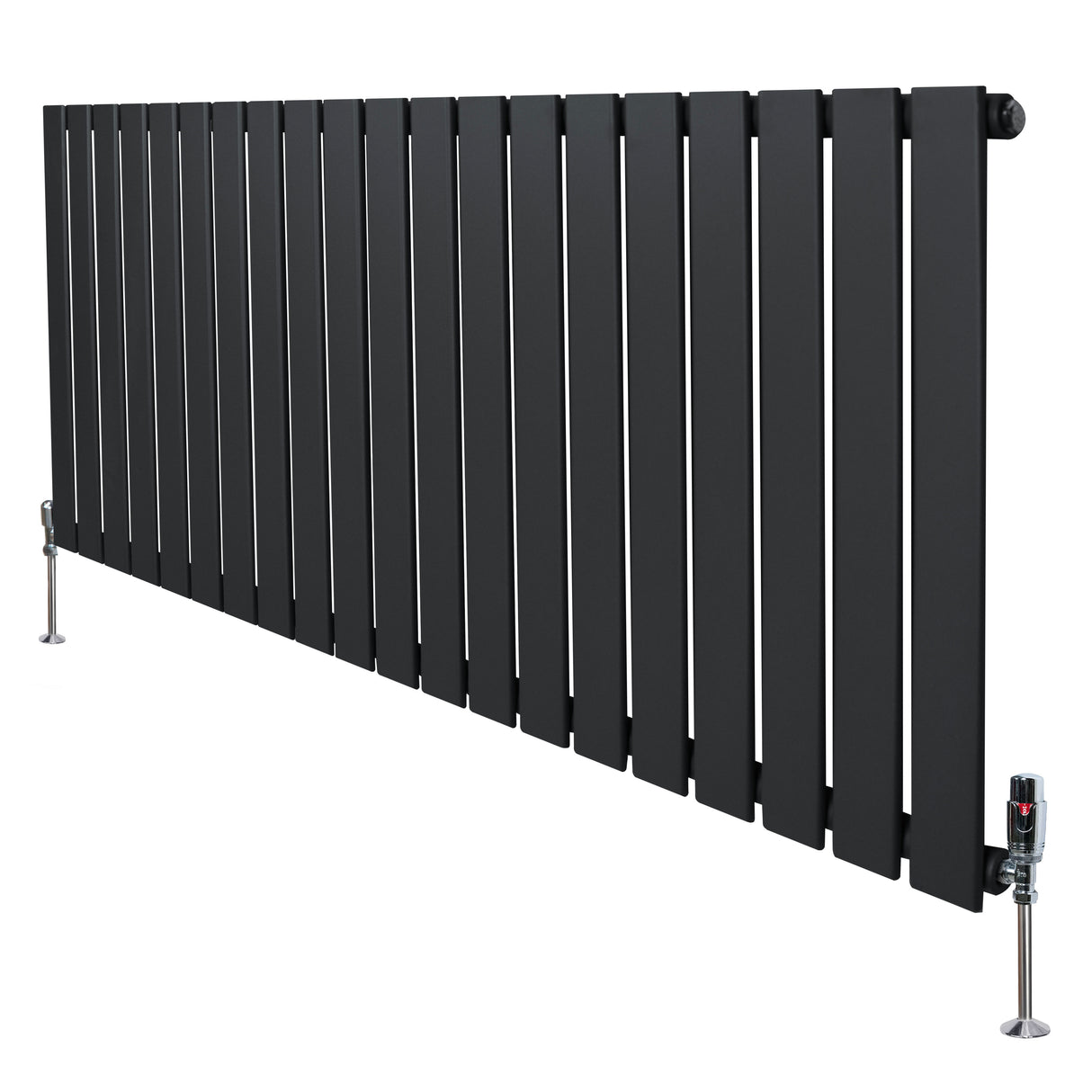 Flat single column radiator in anthracite grey, featuring a sleek, modern design with vertical slats and chrome valves, ideal for contemporary spaces