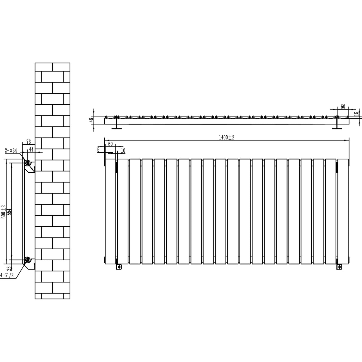 Flat Single Column Radiator & Valves – 600mm x 1400mm – Black