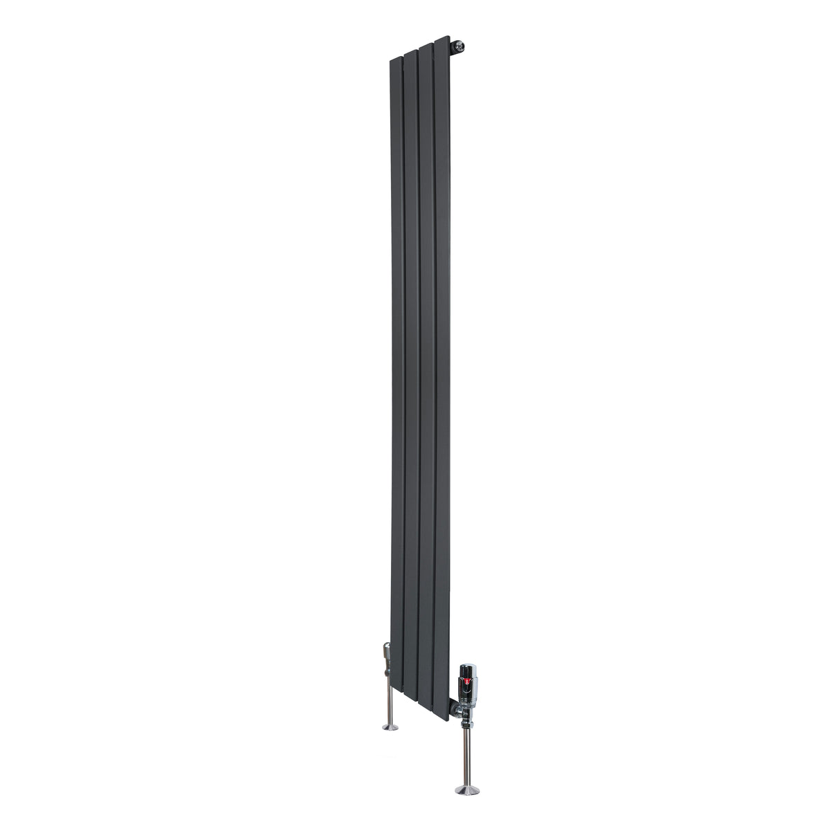 Sleek anthracite grey flat single column radiator, 1600mm x 280mm, featuring vertical slats and modern valve fittings