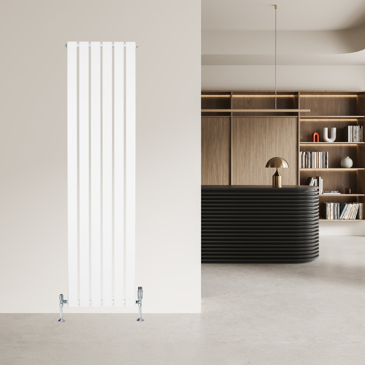 Sleek white flat single column radiator with vertical fins, complemented by chrome valves, enhancing a modern interior space