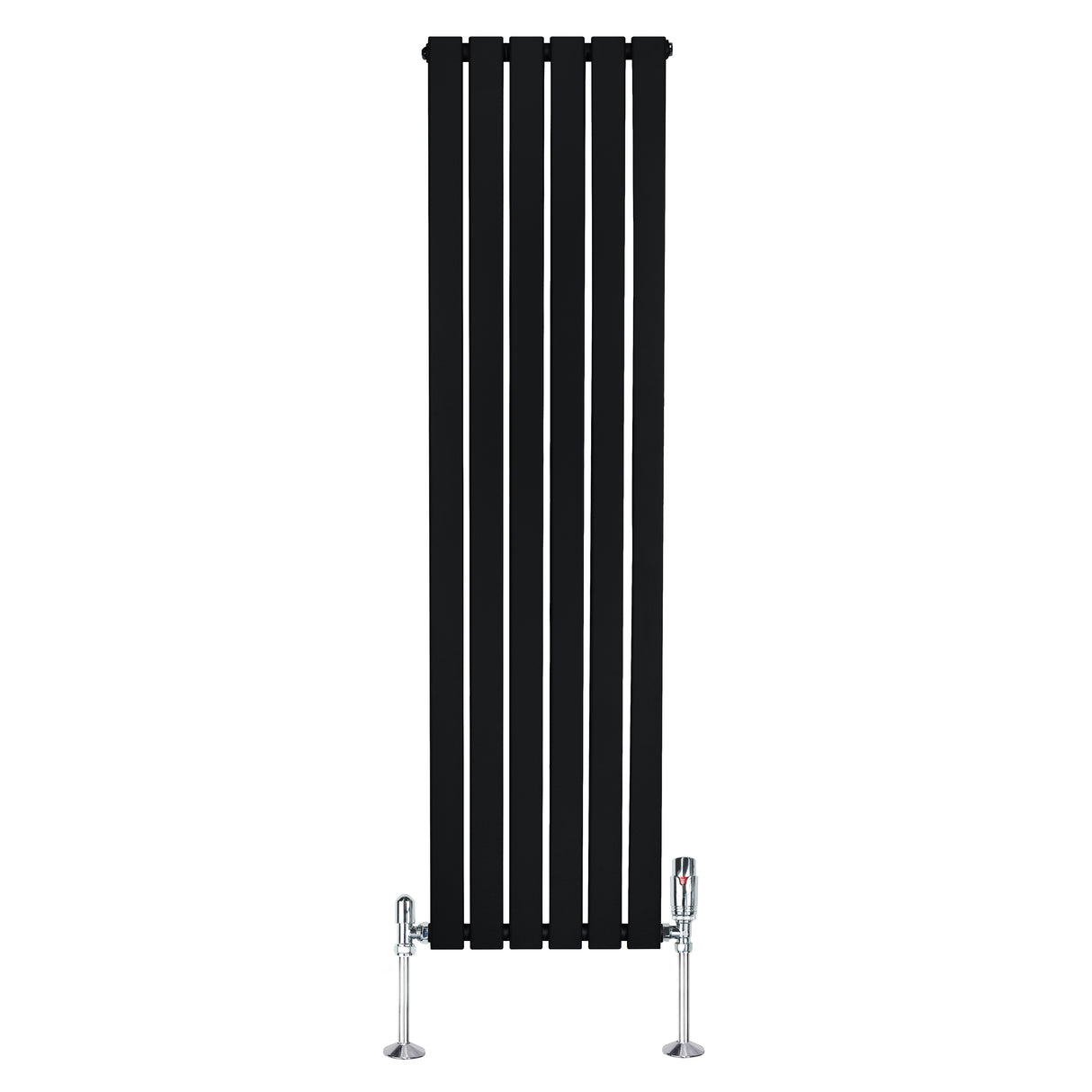 Sleek black flat single column radiator with vertical slats, measuring 1600mm x 420mm, complemented by chrome valves