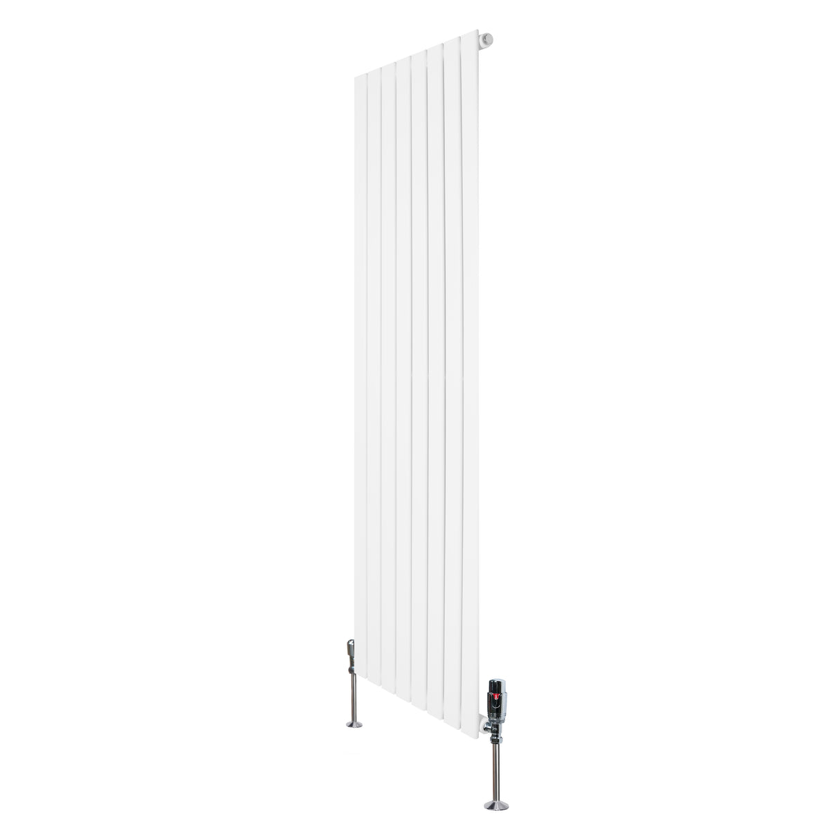Sleek white flat single column radiator with vertical slats, measuring 1600mm x 560mm, accompanied by chrome valves for modern interiors
