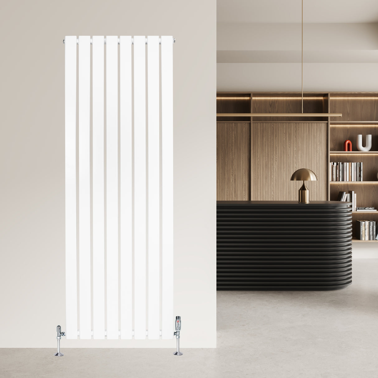 Sleek white flat single column radiator with vertical slats, mounted on a light wall, complemented by modern interior decor