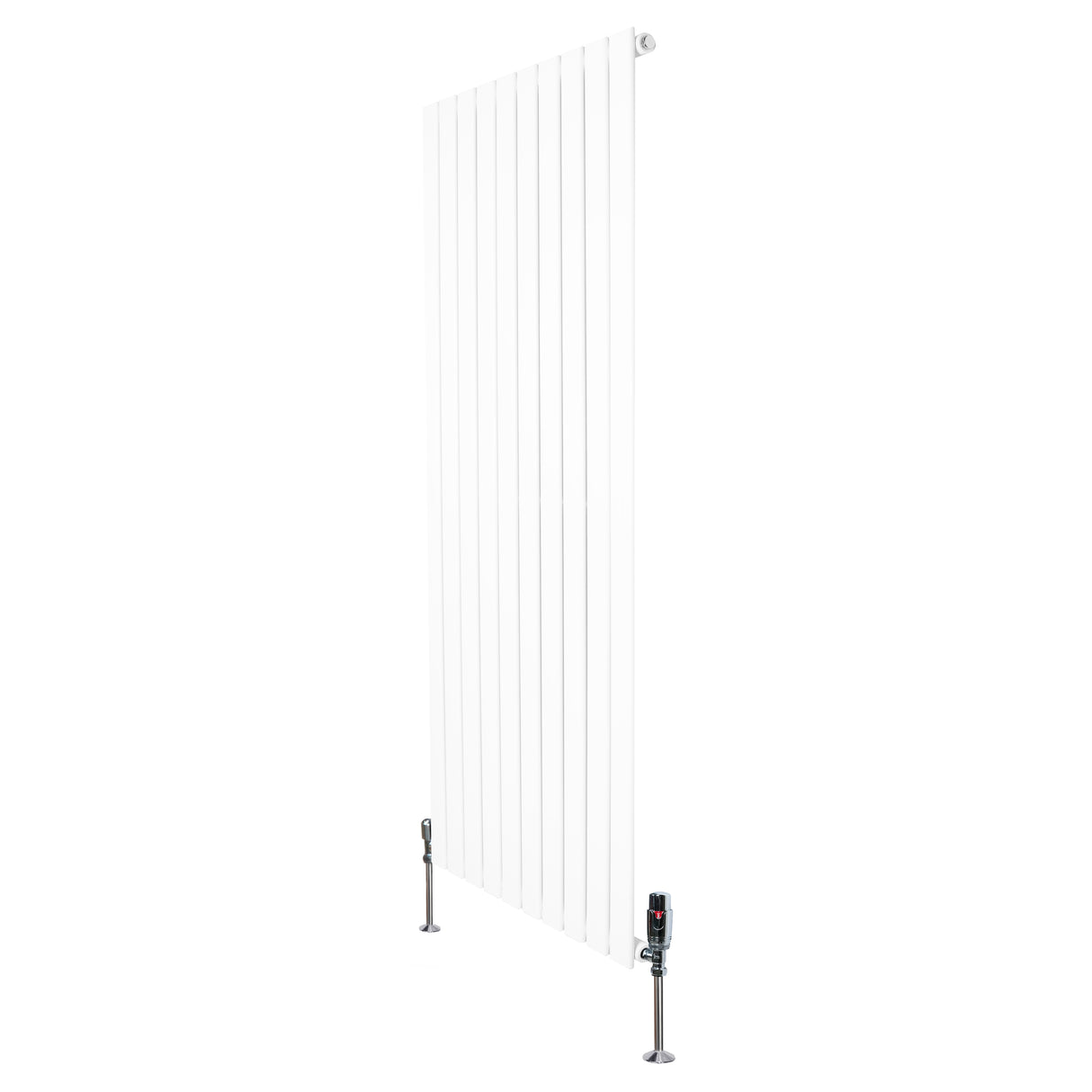 Sleek white flat single column radiator, 1600mm x 700mm, featuring vertical fins and modern valves for efficient heating