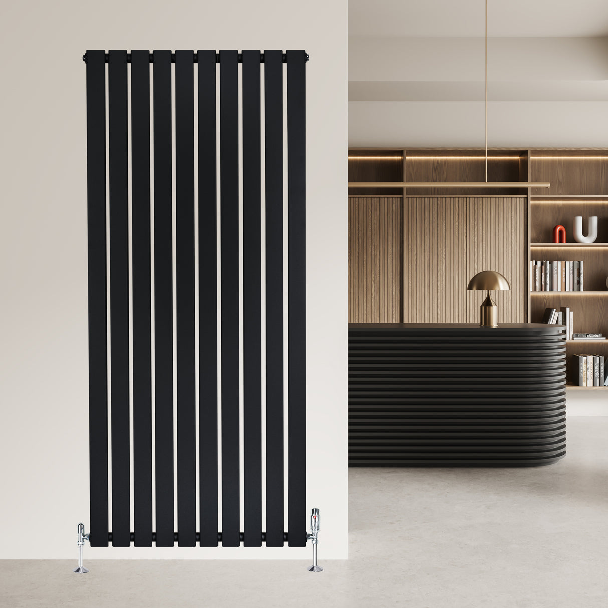 Sleek black flat single column radiator with vertical slats, 1600mm x 700mm, mounted on a light wall in a modern interior setting
