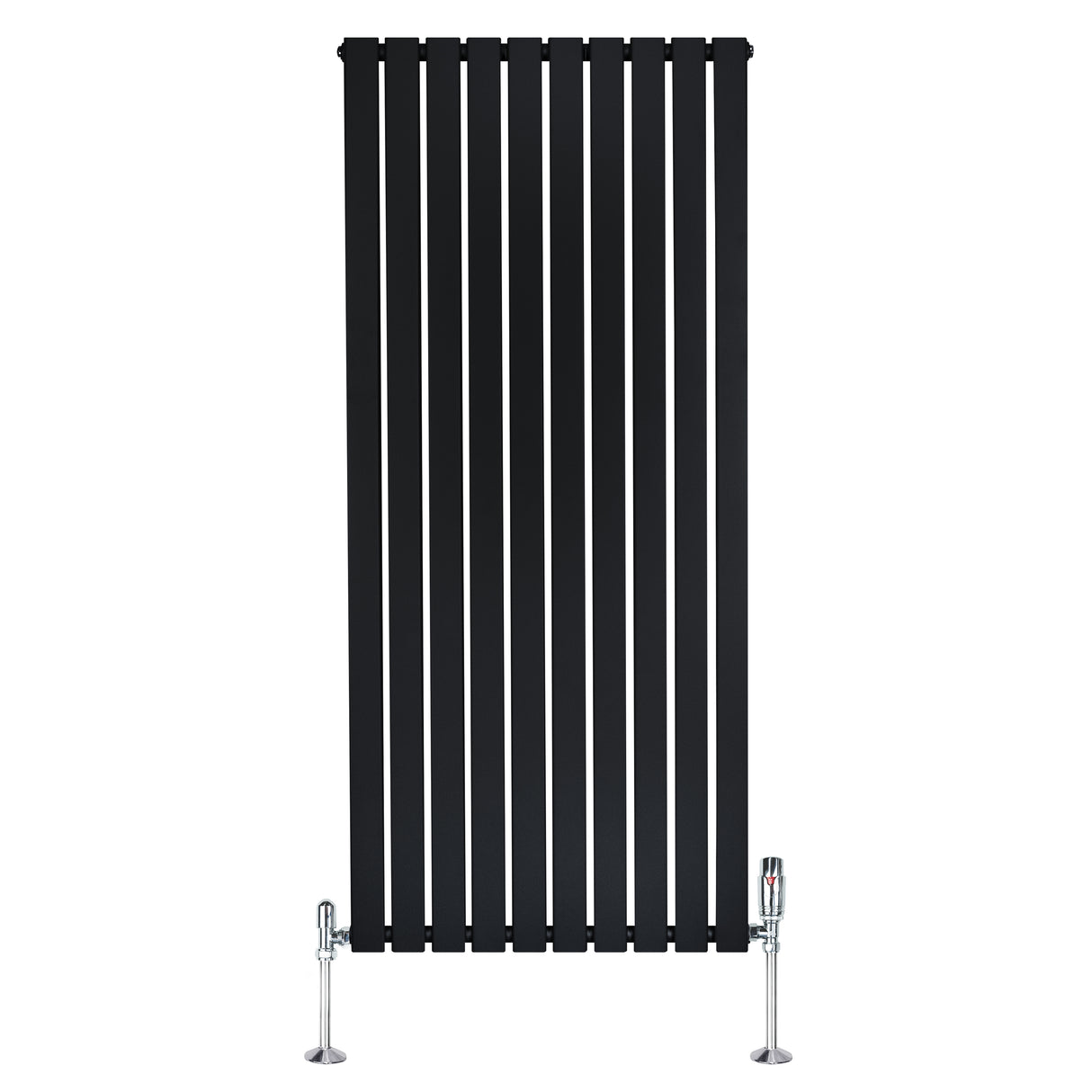 Sleek black flat single column radiator with vertical slats, measuring 1600mm x 700mm, includes chrome valves for modern decor