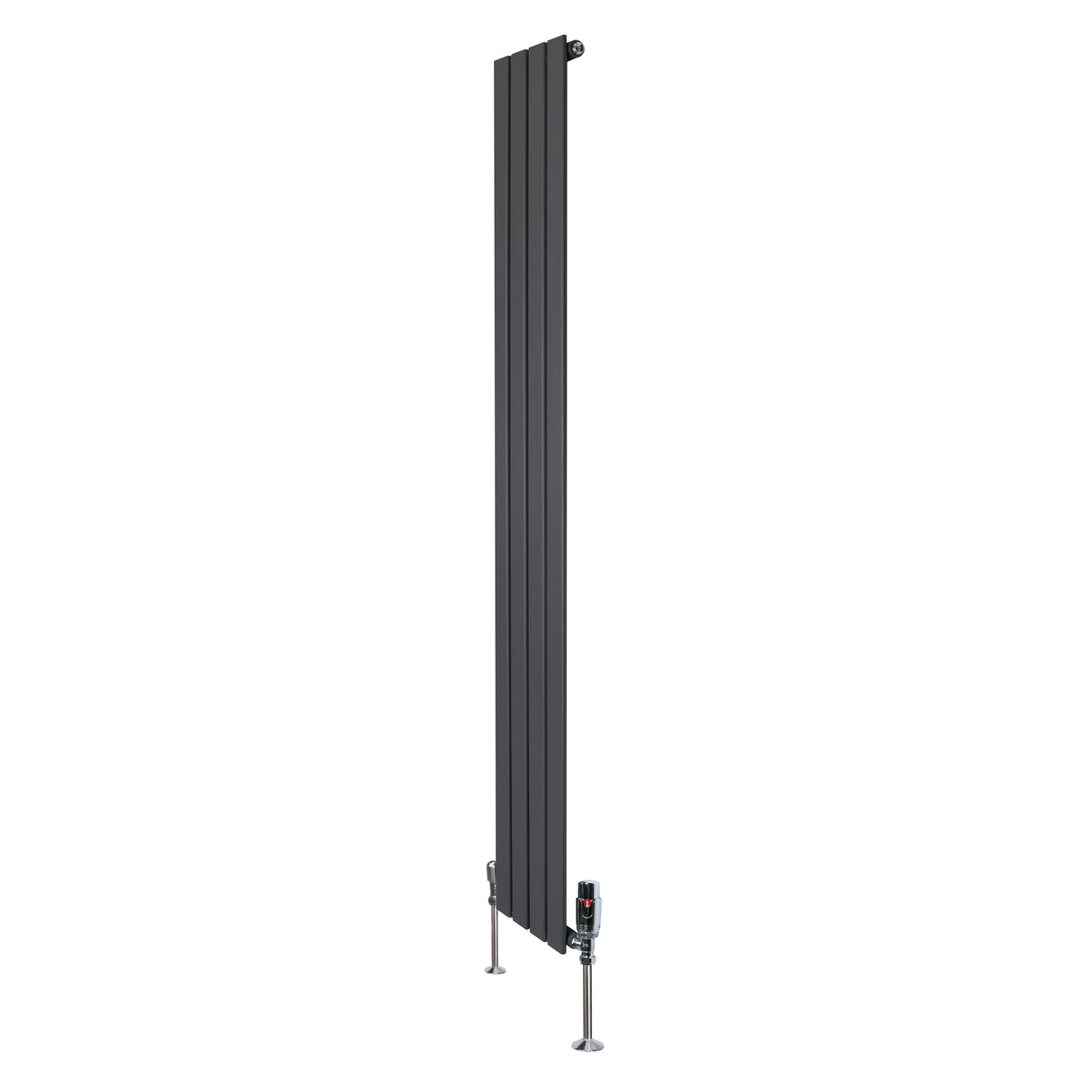 Sleek anthracite grey flat single column radiator with vertical design, featuring modern valves and a smooth, matte finish