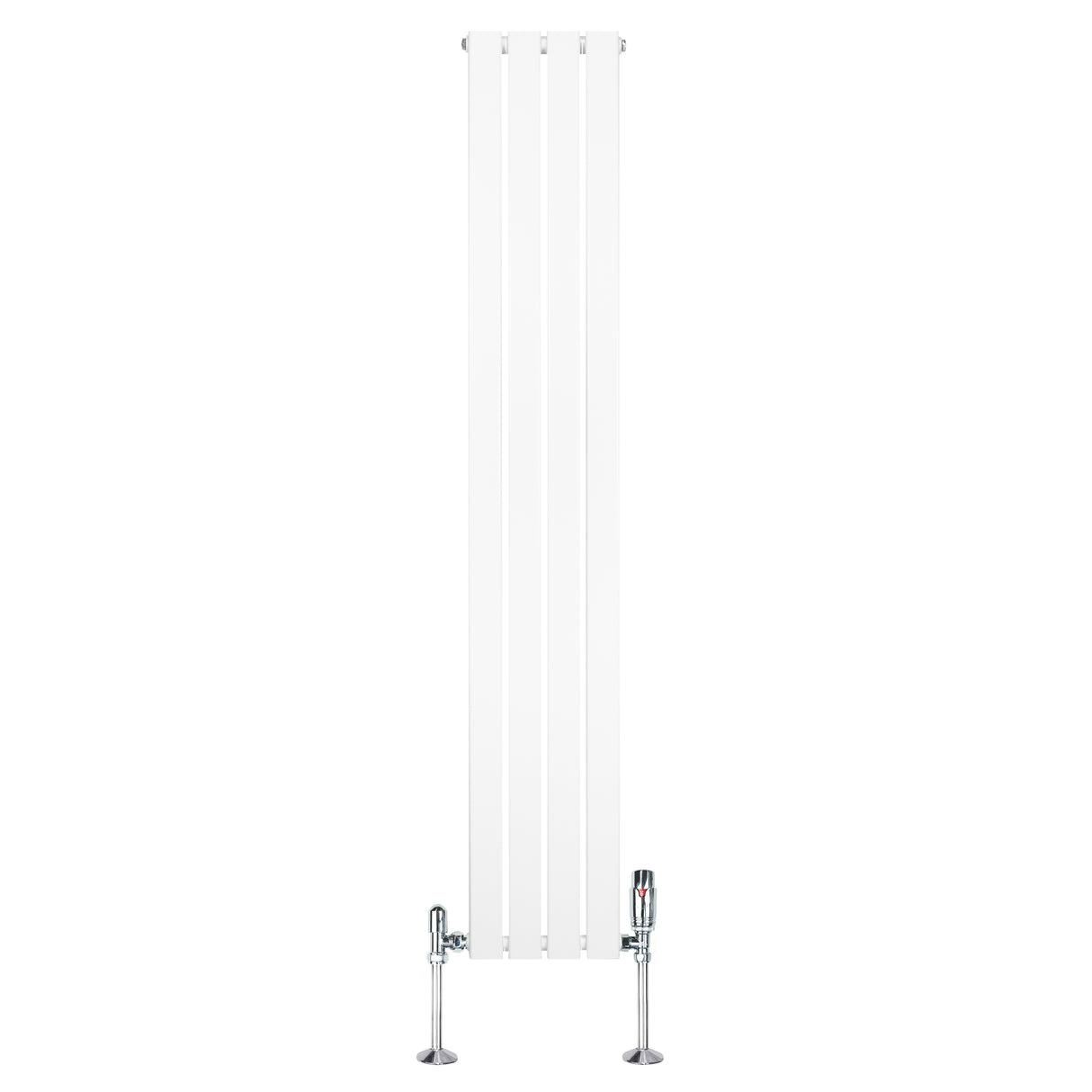 Sleek white flat single column radiator with chrome valves, measuring 1800mm x 280mm, featuring a smooth, modern design