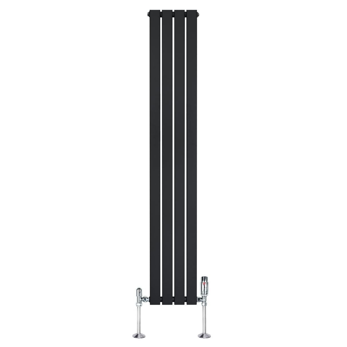 Sleek black flat single column radiator with vertical slats, measuring 1800mm x 280mm, paired with chrome valves for modern decor