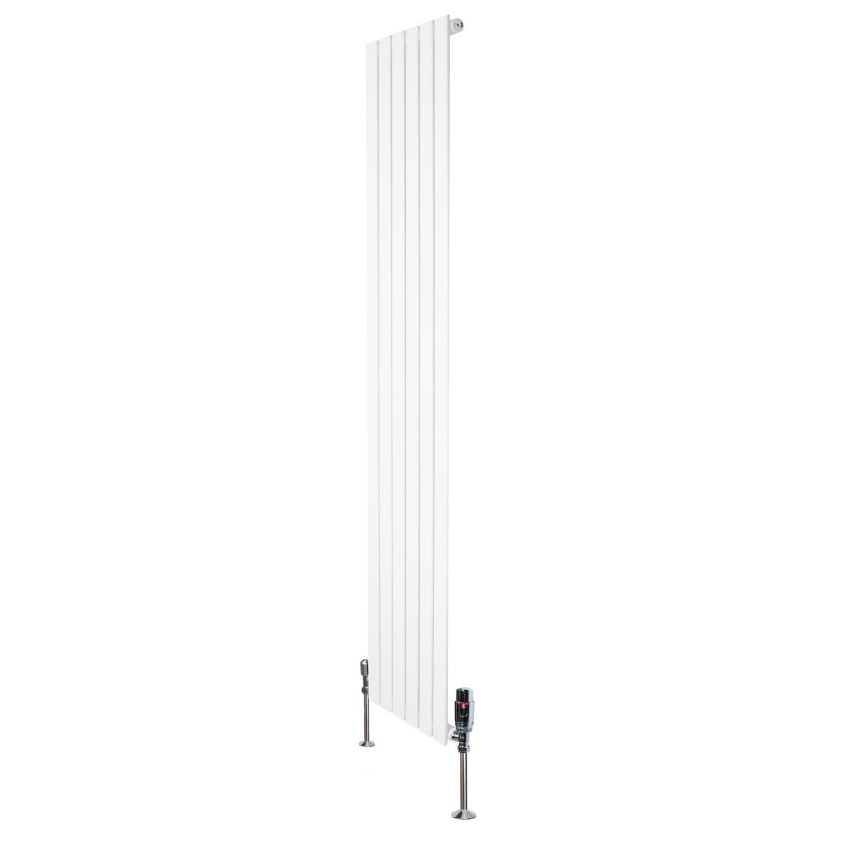 Sleek white flat single column radiator with vertical fins, measuring 1800mm x 420mm, featuring modern valves and a polished finish