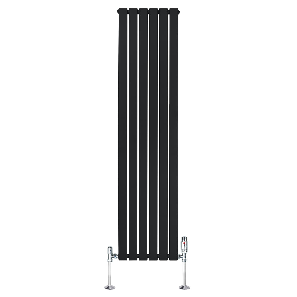 Sleek black flat single column radiator with vertical slats, measuring 1800mm x 420mm, complemented by chrome valves at the base
