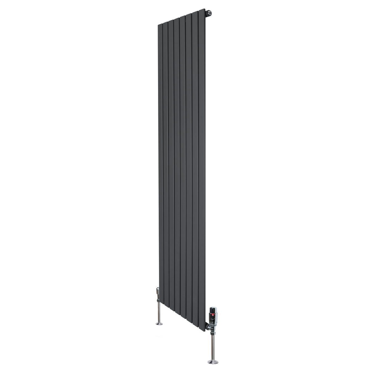 Tall anthracite grey flat single column radiator with sleek vertical lines and modern valves, ideal for contemporary interiors