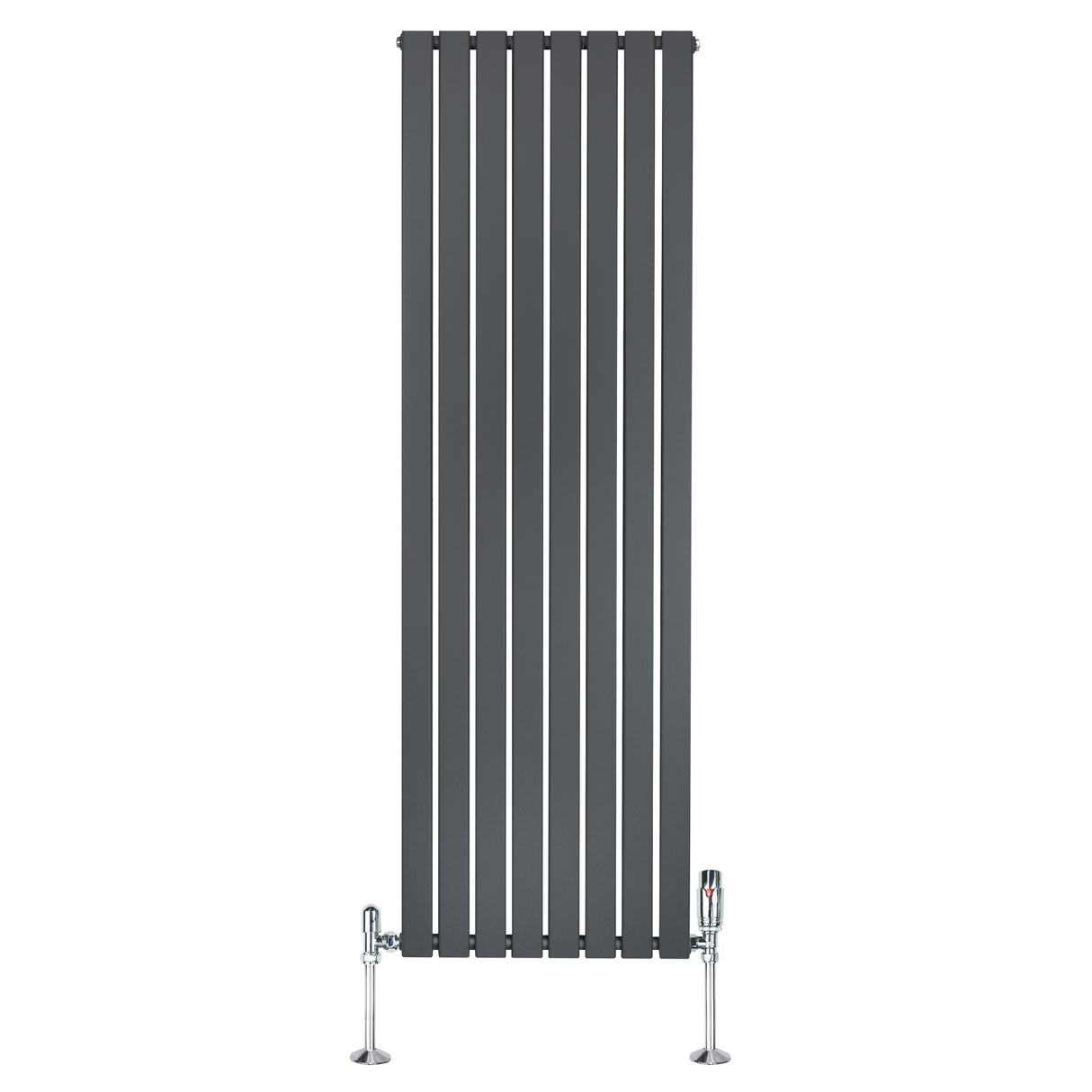 Tall anthracite grey flat single column radiator with vertical slats and chrome valves, designed for modern heating solutions